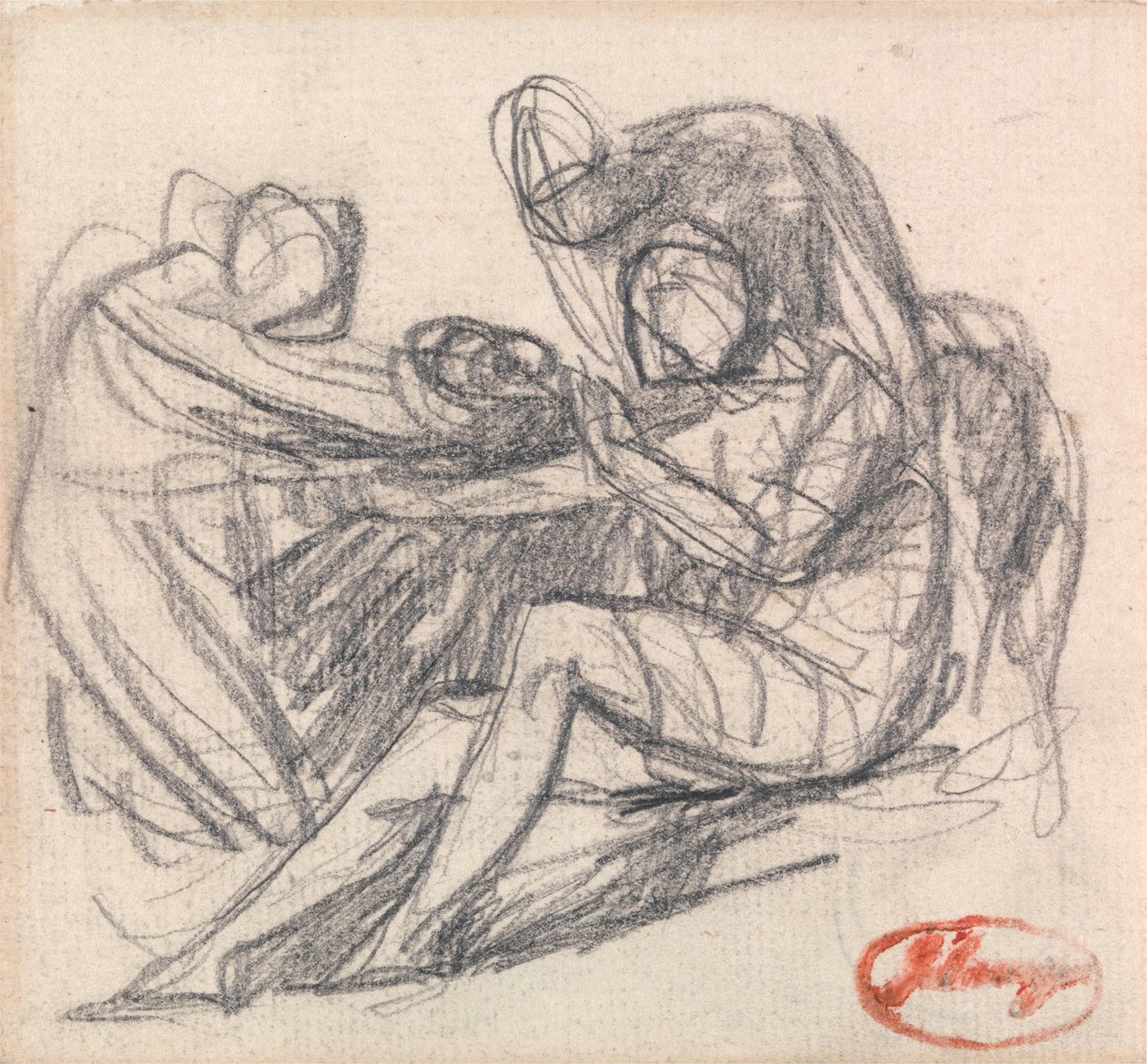 Två figurer som hjälper en sittande figur av George Romney