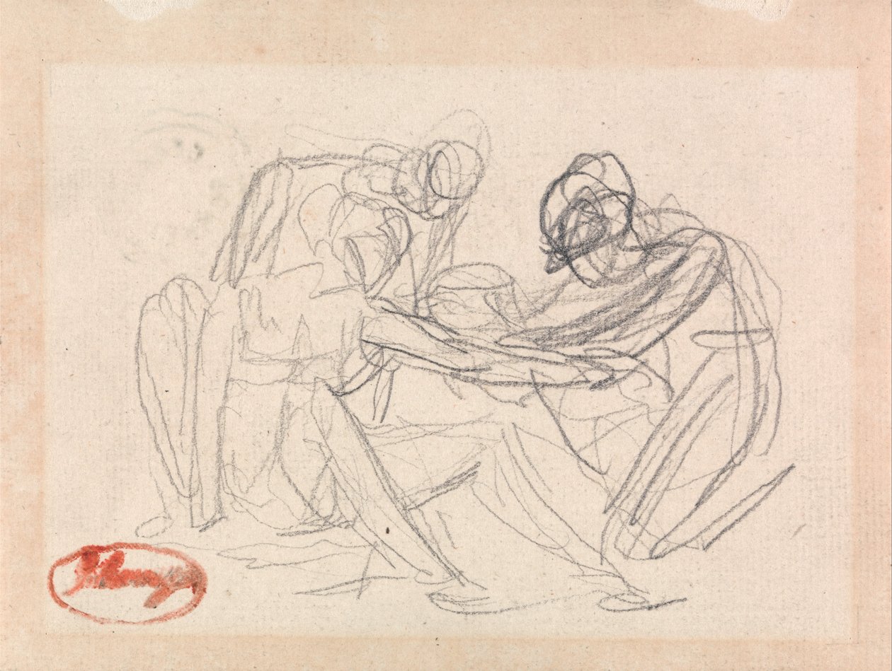Två knäfigurer före en sittande figur av George Romney