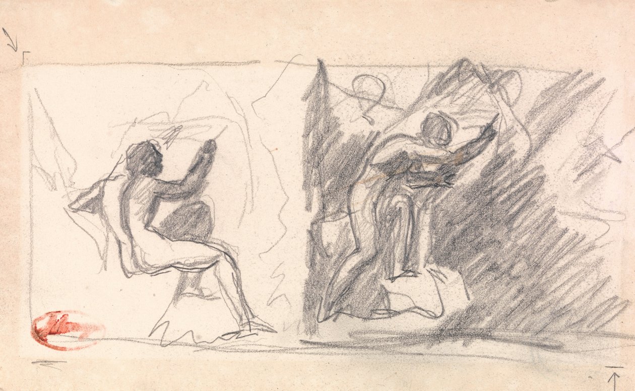 Två skisser- sittande manlig naken, bakifrån; Stående figur, Gesticulating av George Romney