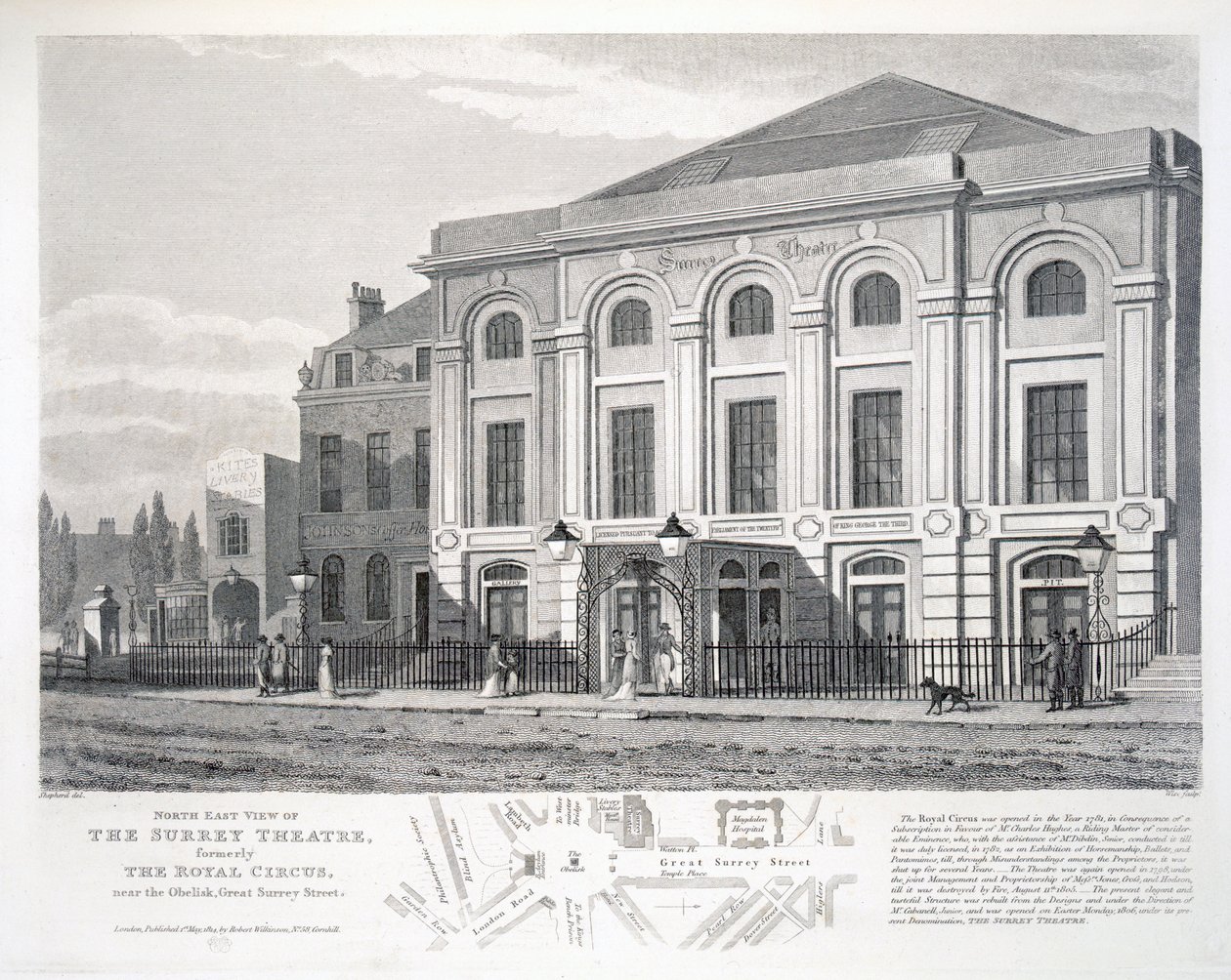 North East View of Surrey Theatre, tidigare The Royal Circus, nära obelisken, Great Surrey Street, graverad av William Wise (fl.1790-1818), pub. av Robert Wilkinson, London av George Shepherd