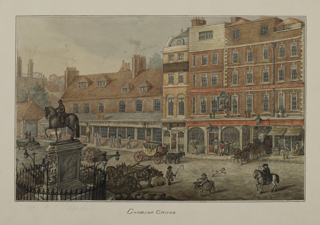 Utsikt över Charing Cross som visar hästdragna fordon, figurer och Dublin Hotel Tavern and Coffee House, 1807 (wc på papper) av George Shepherd