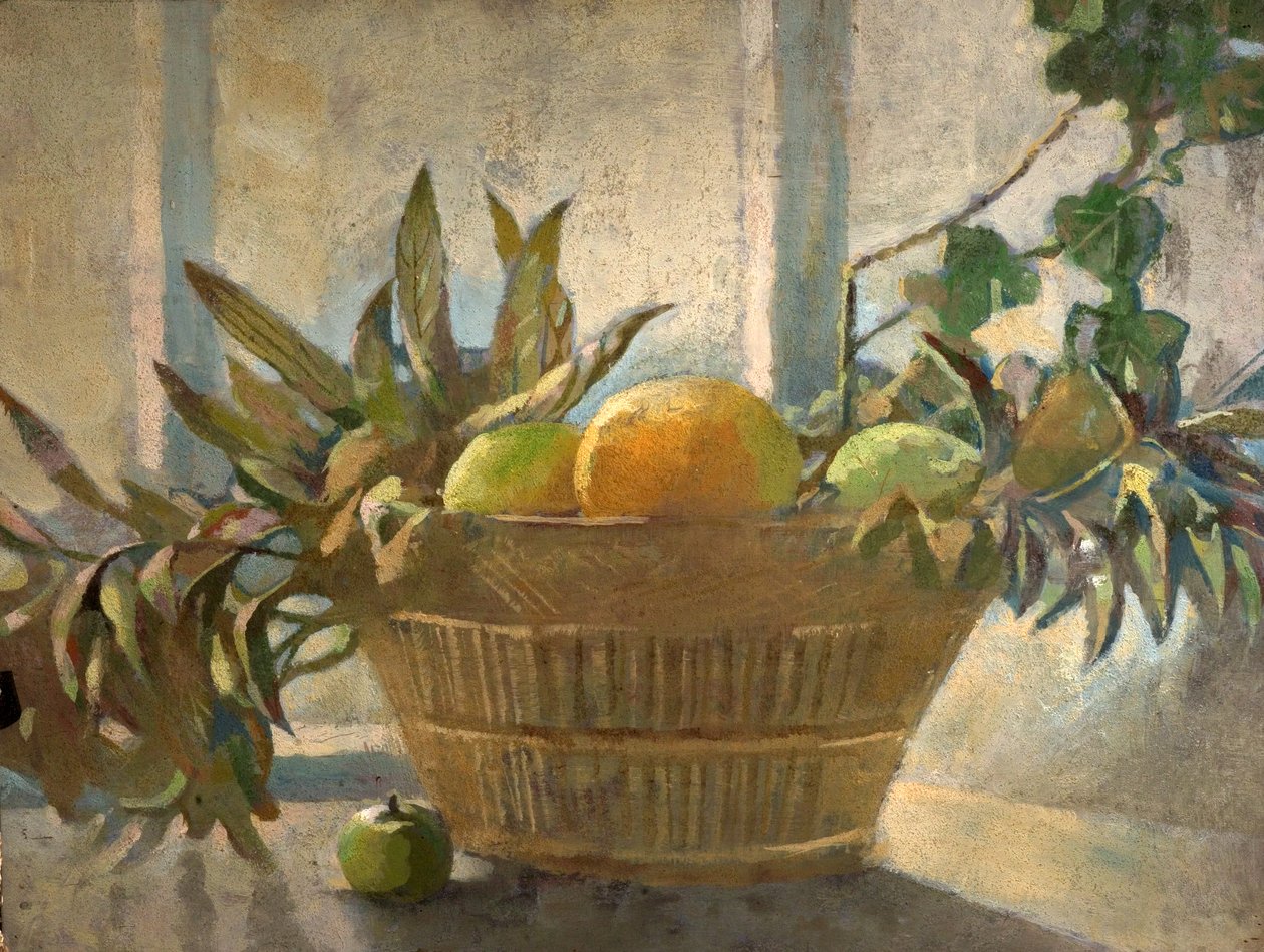 Frukt och löv i en korg (tempera på trä) av George Sheringham