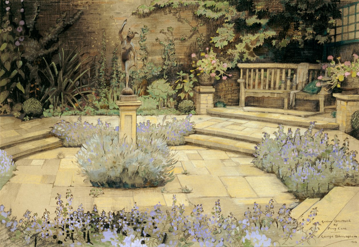 Utsikt över en stenlagd trädgård med lavendelbäddar designade av Percy Can, 1923 (wc och penna på papper) av George Sheringham