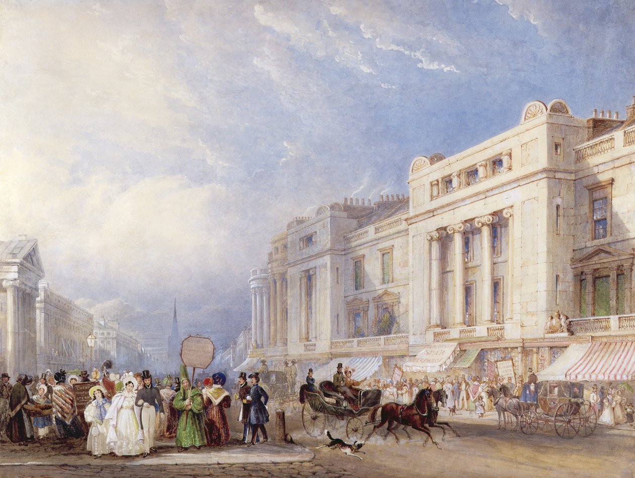 Regent Street, London, med Dickins och Jones till höger och Hanover Chapel till vänster, 1835 (wc und gouache över blyerts) av George Shepherd