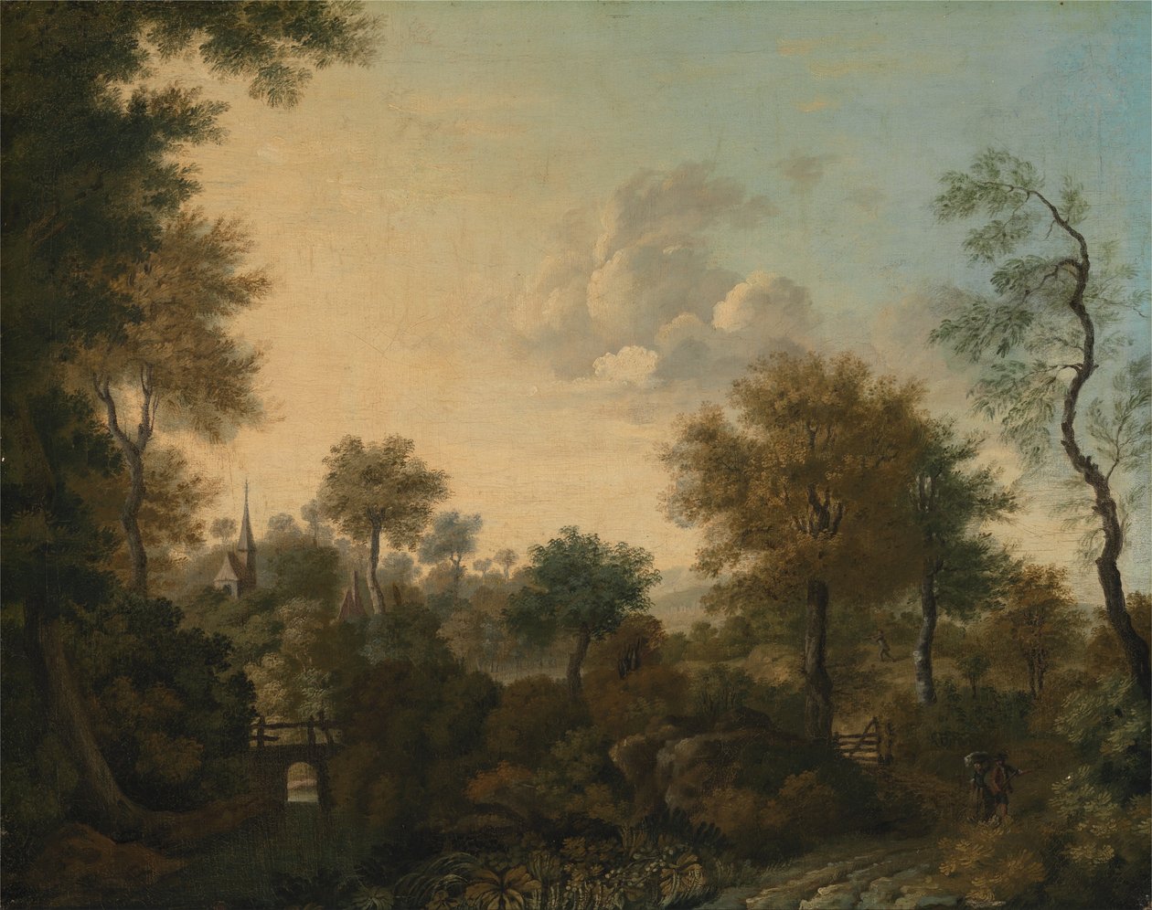 En vy förmodligen nära Arundel, Sussex, med figurer i en bana av George Smith