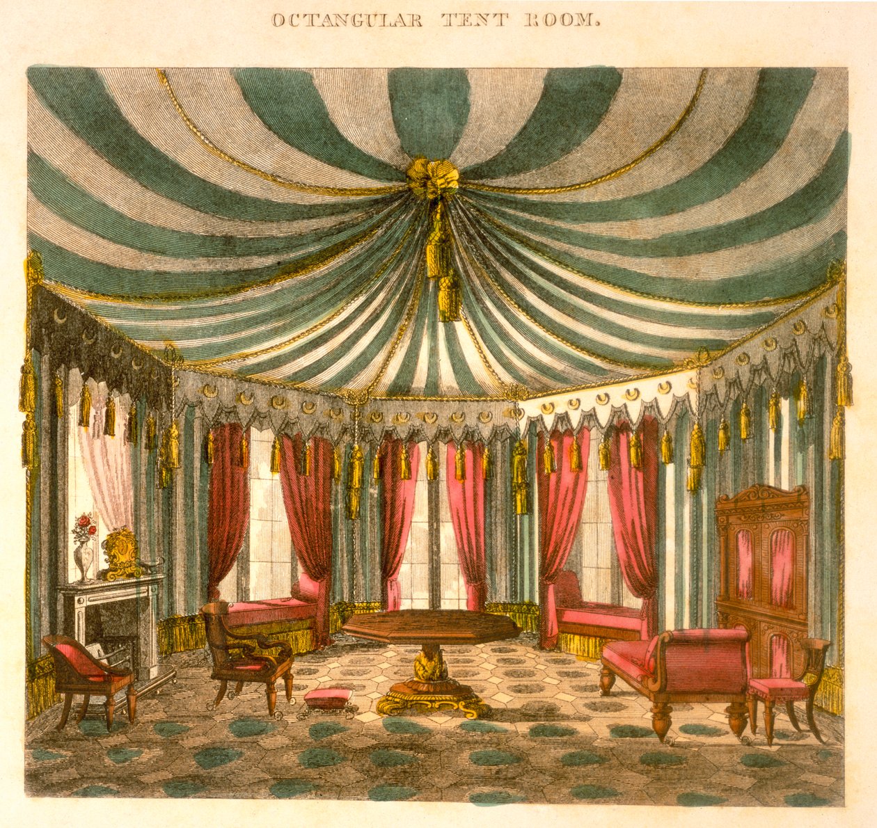 Oktangulärt tältrum, från möbelsnickares och tapetserares guide, är en komplett ritbok, Pub Jones und Co, Smith, George (1783-1869), 1826, färgad gravyr av George Smith