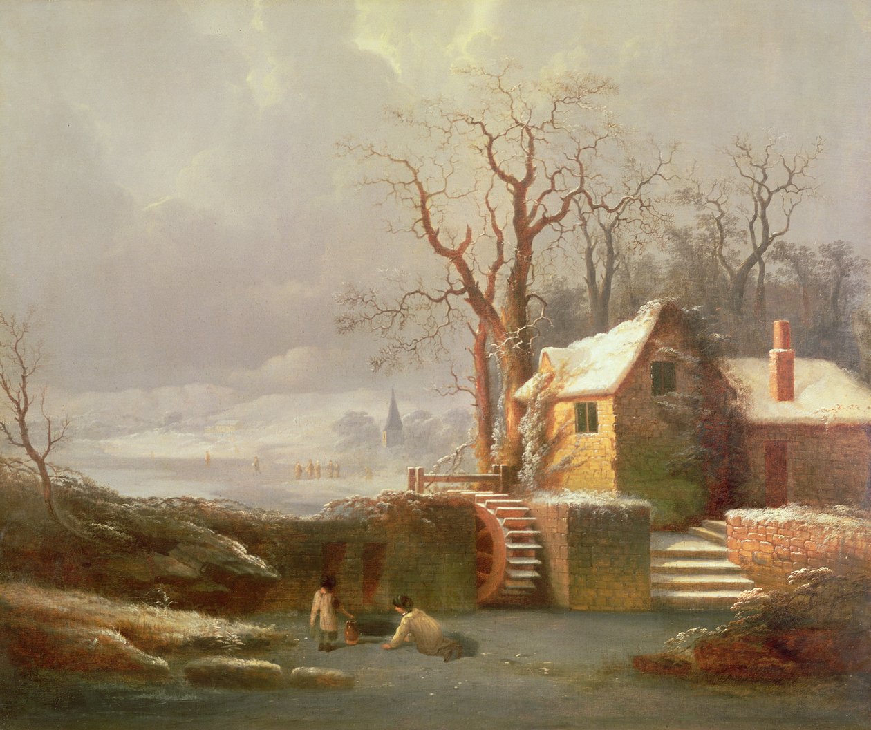 Snö scen med kvarn och stugor av George Smith