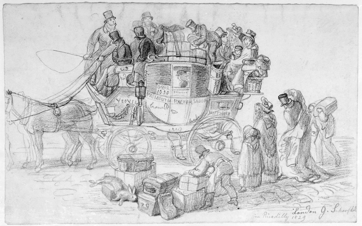 En postbuss från West Country lämnar Piccadilly, 1829 av George Snr Scharf