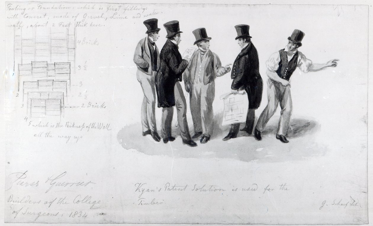 Byggare, lantmätare och arkitekter vid byggnaden av Royal College of Surgeons, 1834 av George Snr Scharf