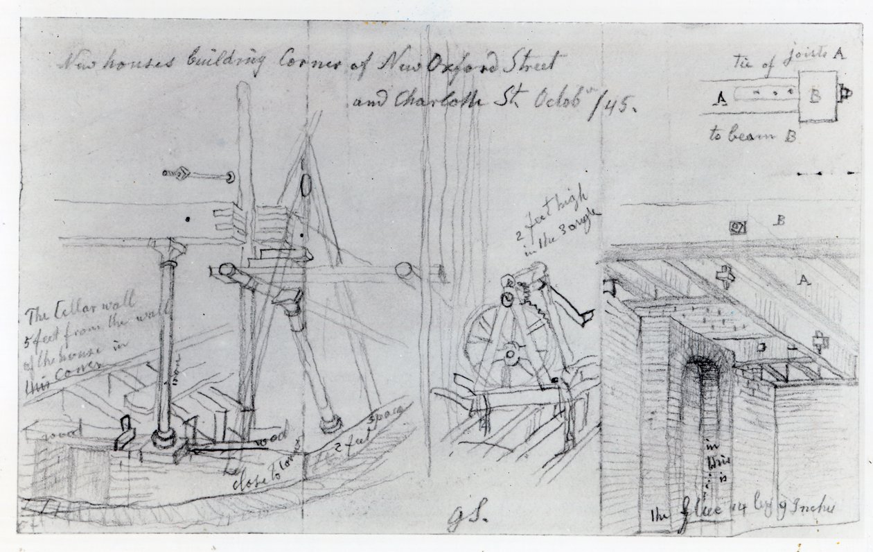 Bygger nya hus i hörnet av New Oxford Street och Charlotte Street, 1845 av George Snr Scharf