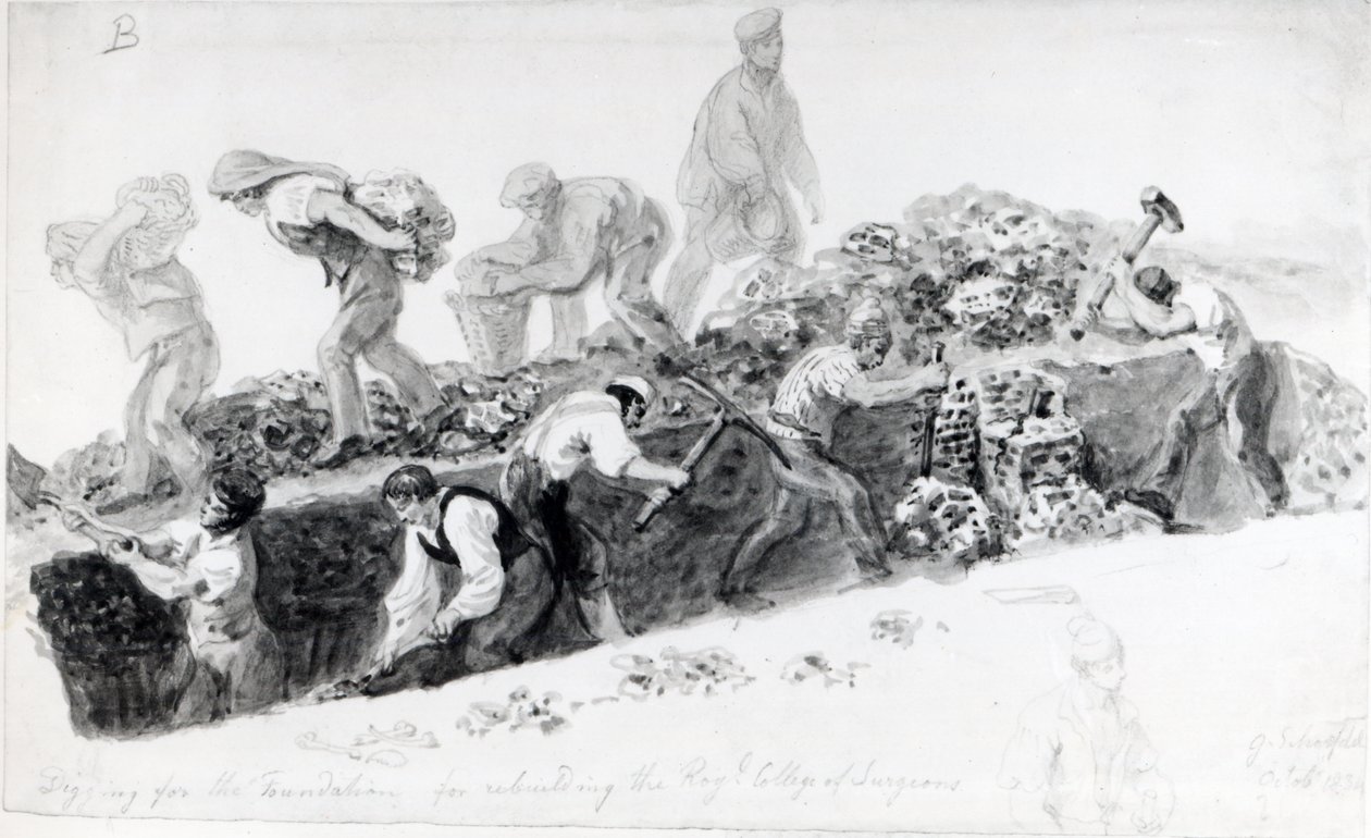 Grävning av ett hål för grundandet av Royal College of Surgeons, 1834 av George Snr Scharf