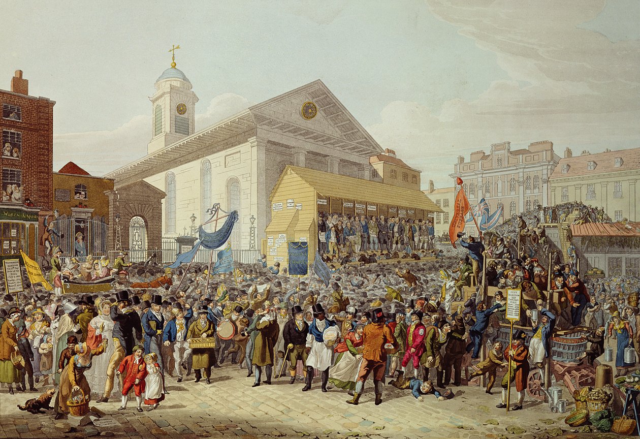 Representation av valet av parlamentsledamöter för Westminster, 1818 av George Snr Scharf