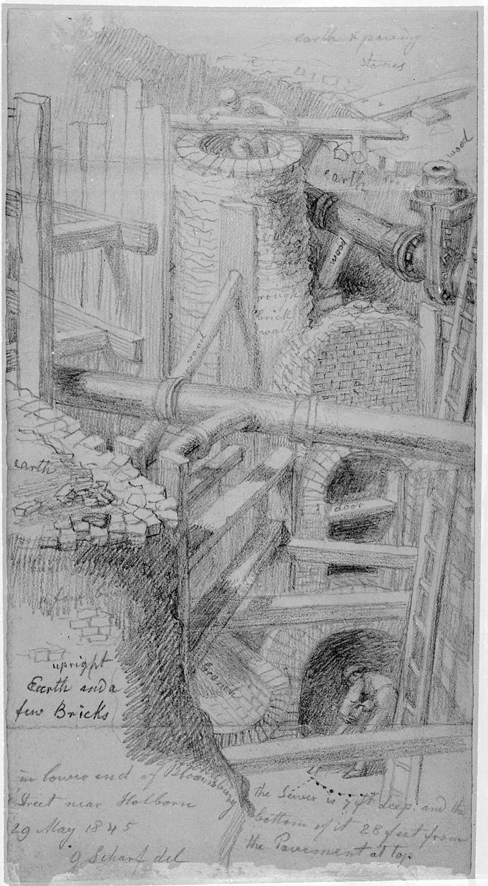 Kloakkonstruktion i Bloomsbury, London, 1845 swed av George Snr Scharf