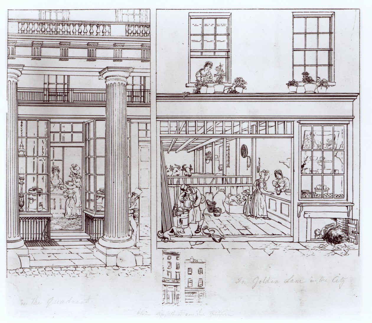 The Quadrant, Regent Street och Golden Lane, London, ca 1829 (penna på papper) av George Snr Scharf