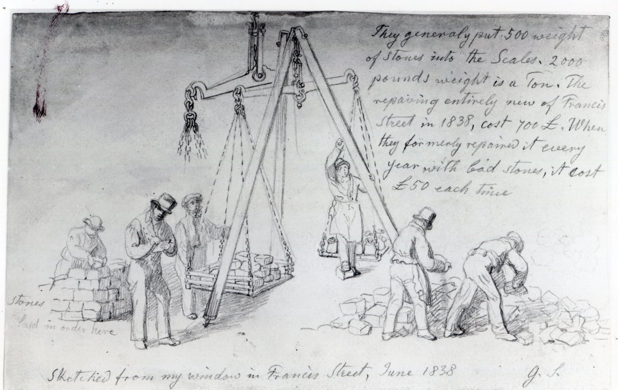 Väger ut stenar på Francis Street, London, 1838 av George Snr Scharf