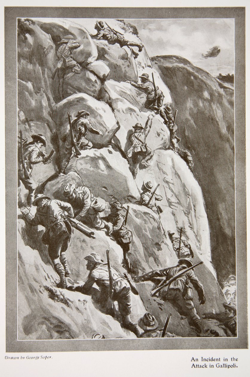 En händelse under anfallet mot Gallipoli, från "The Year 1915: a Record of Notable Achievements and Events", 1915 av George Soper