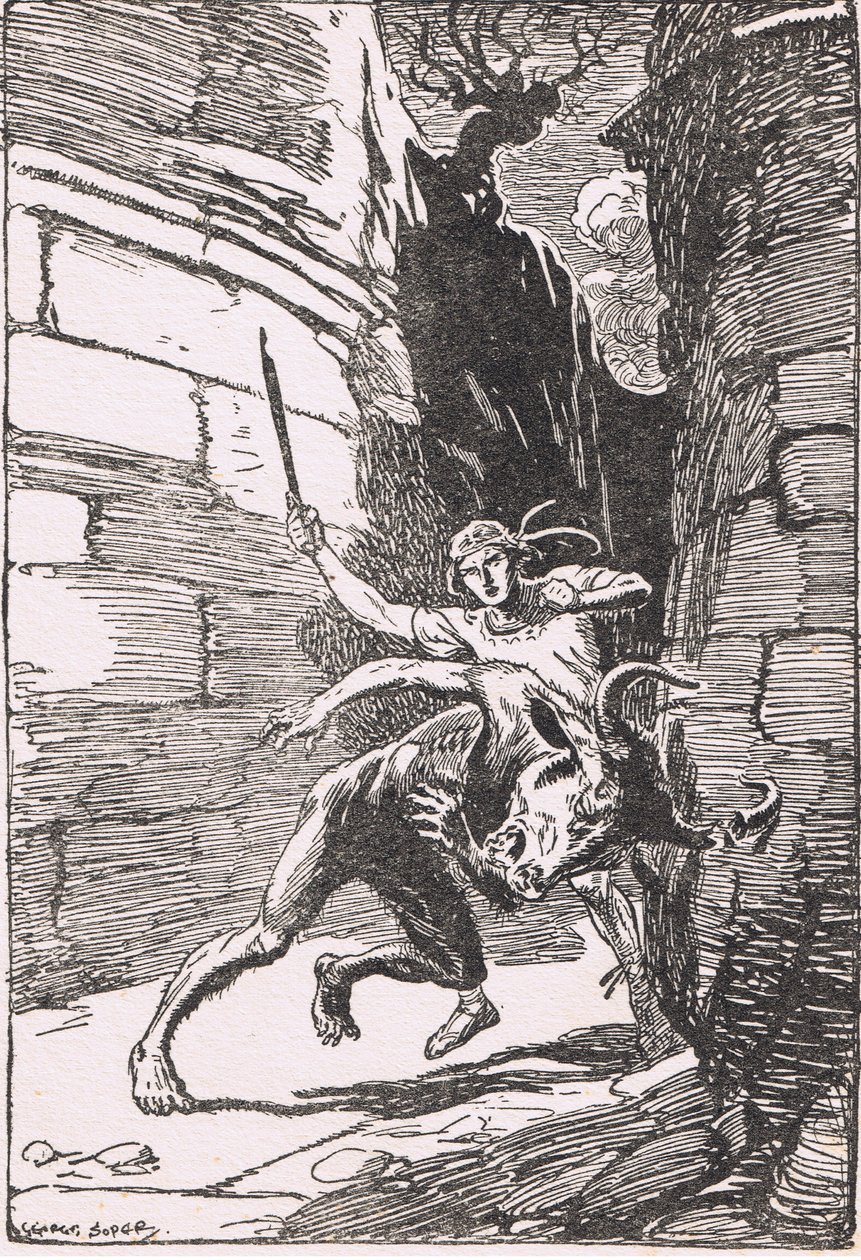 Minotauren: Monstret i hans första huvudstupa rusning mot Theseus, missade honom med en hårsmån och bröt ett av hans horn av George Soper