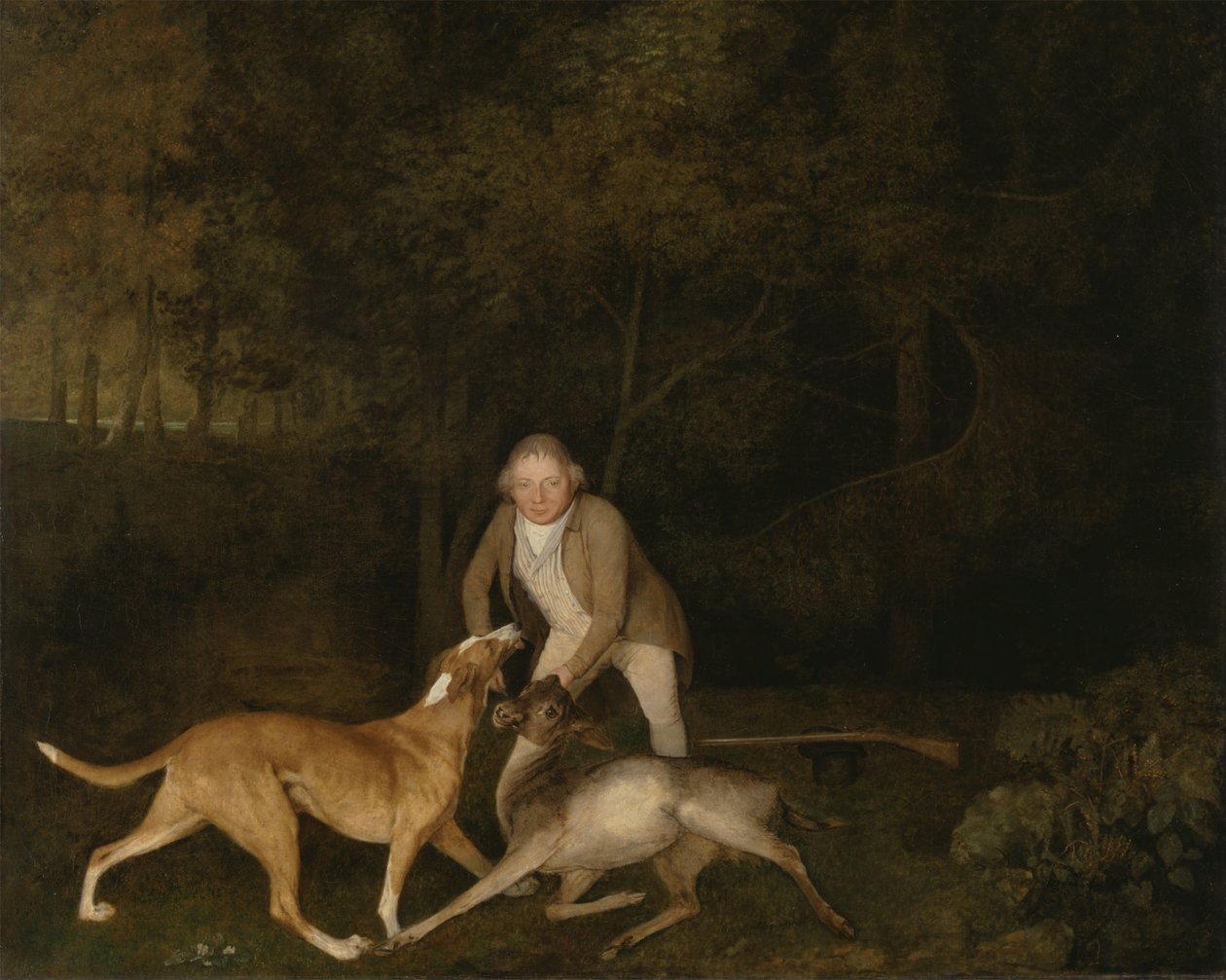 Freeman, Earl of Clarendons viltvårdare, med en döende doe och hund av George Stubbs