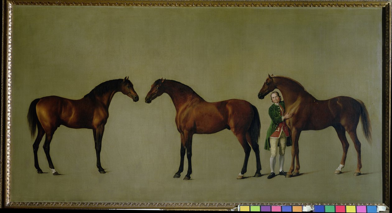 Whistlejacket och två andra hingstar med Simon Cobb, hästskötaren, 1762 av George Stubbs