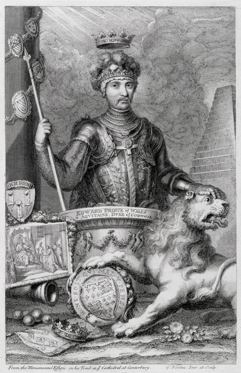 Edward The Black Prince (1330-76) efter den monumentala bilden i Canterbury Cathedral, graverad av konstnären av George Vertue