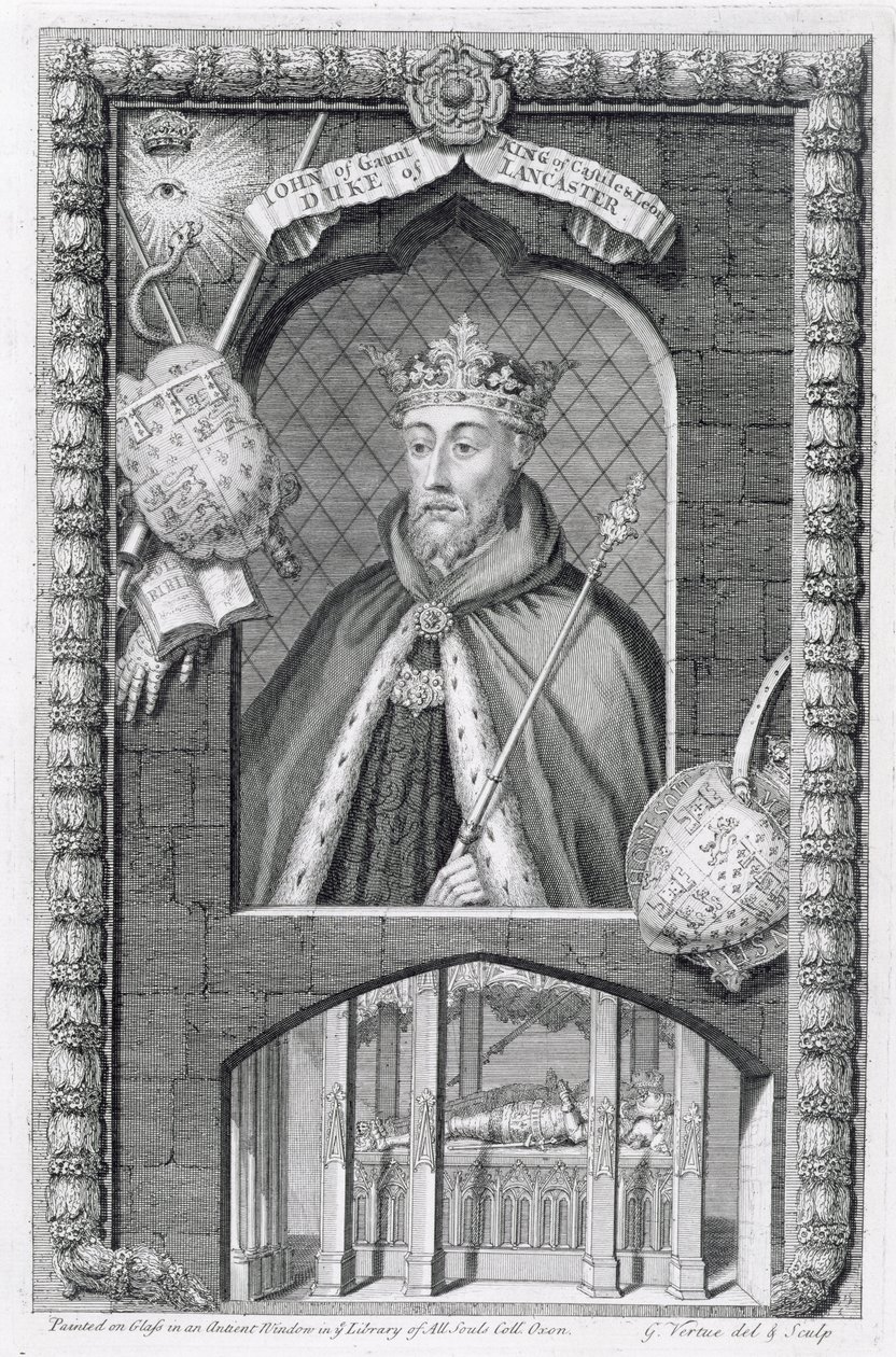 John of Gaunt, hertig av Lancaster (1340-99) efter en målning på glas i biblioteket på All Souls College, Oxford, graverad av konstnären. av George Vertue