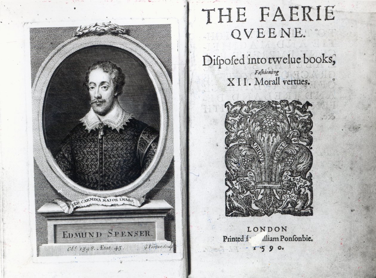 Porträtt av Edmund Spenser och frontispicen till hans dikt 
