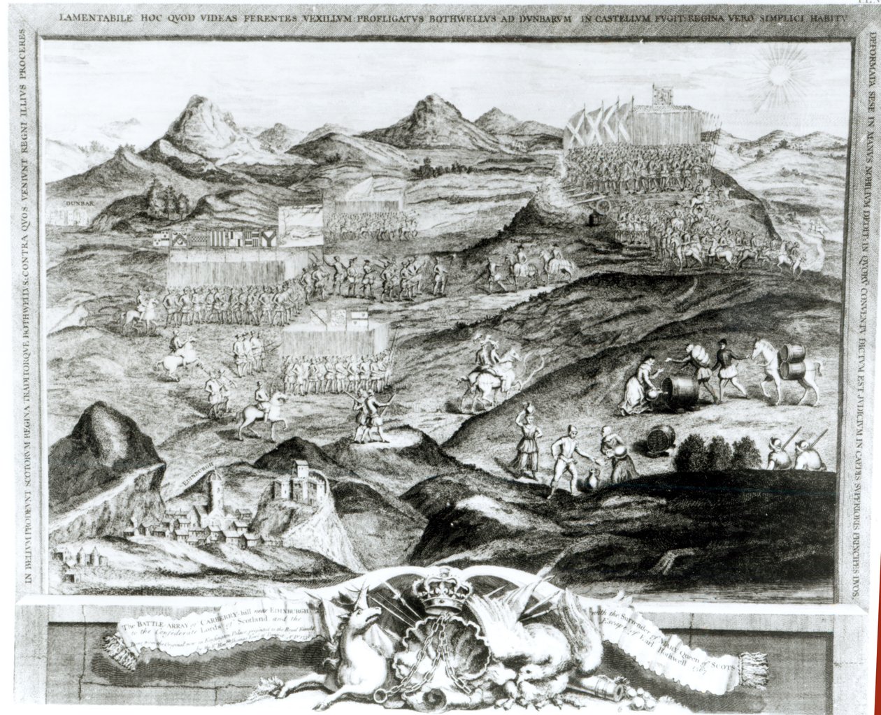 O le Taua a le Carberry Hill e lata ane i Edinburgh ma le Tuuina atu o Mary, Masiofo o Scots i le Confederate Lords o Sikotilani ma le sola ese o Earl Bothwell i le 1567, na vaneina e le tusiata, 1743 (swed). av George Vertue