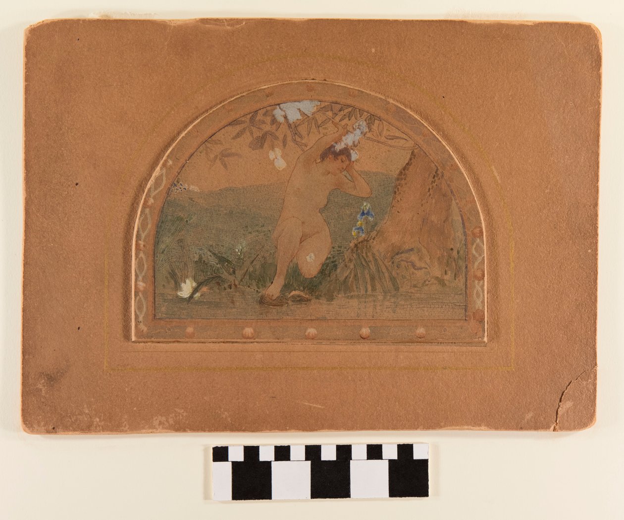Semicircular watercolor on board of a nude woman on the bank of a stream. Painting replicates image used for mosaic at St. Louis Union Station av George W. Chambers