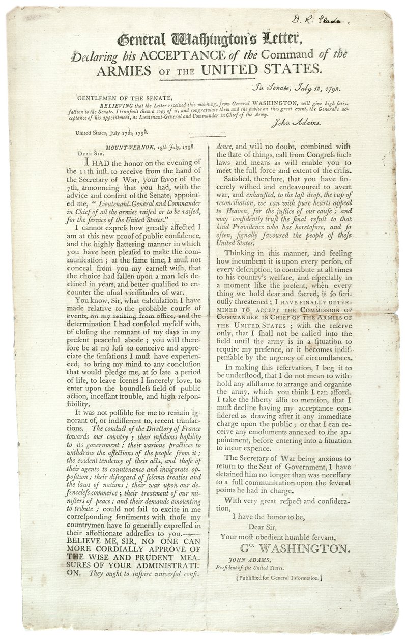 General Washingtons brev som förklarade att han accepterade kommandot, 18 juli 1798 av George Washington