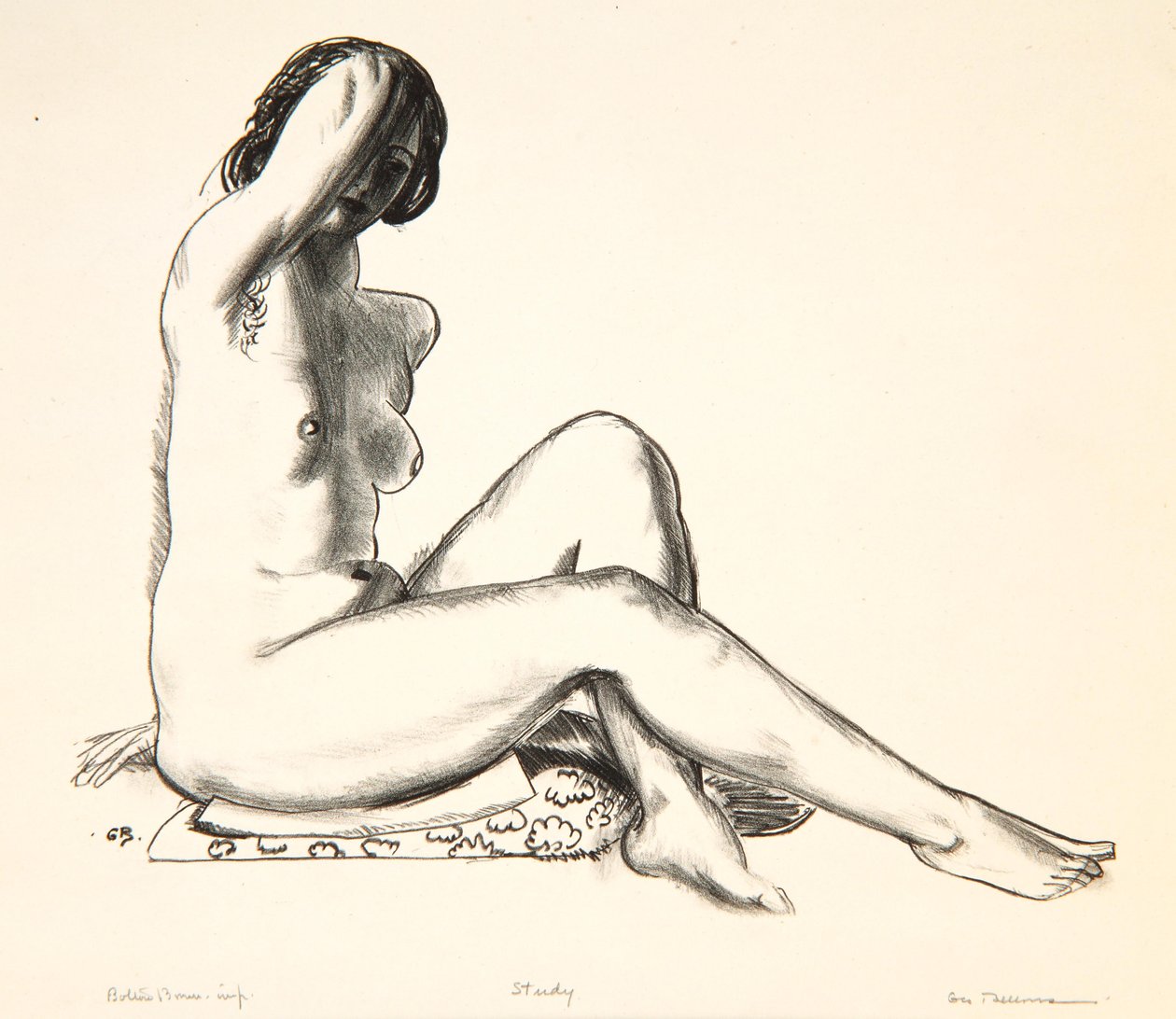 Nakenstudie, flicka som sitter på en blommig kudde, 1923-24 av George Wesley Bellows