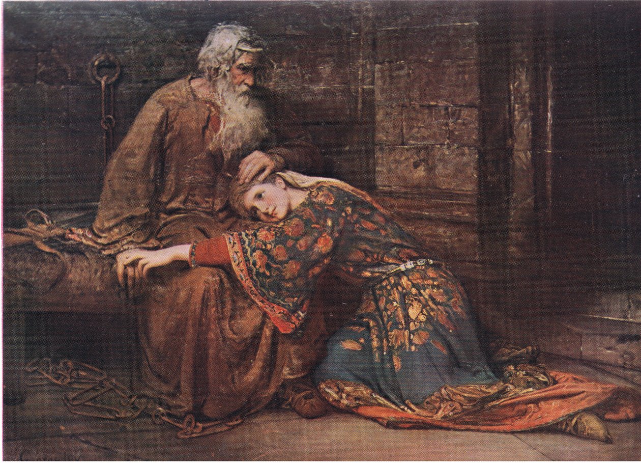 Cordelia tröstar kung Lear i fängelse (King Lear) Vi två ensamma kommer att sjunga som fåglar I buren, från The Complete Works of William Shakespeare pub.av J Coker & Co Ltd av George William Joy