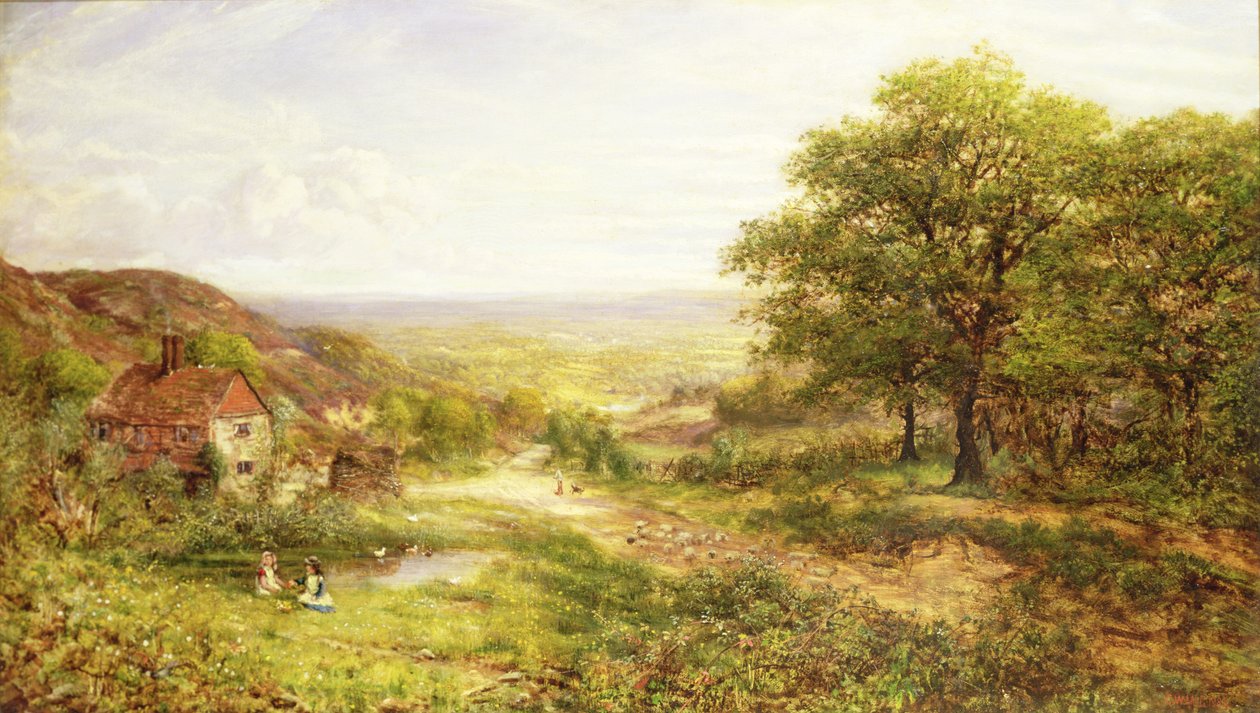 Landskap med barn vid en damm, 1884 av George William Mote