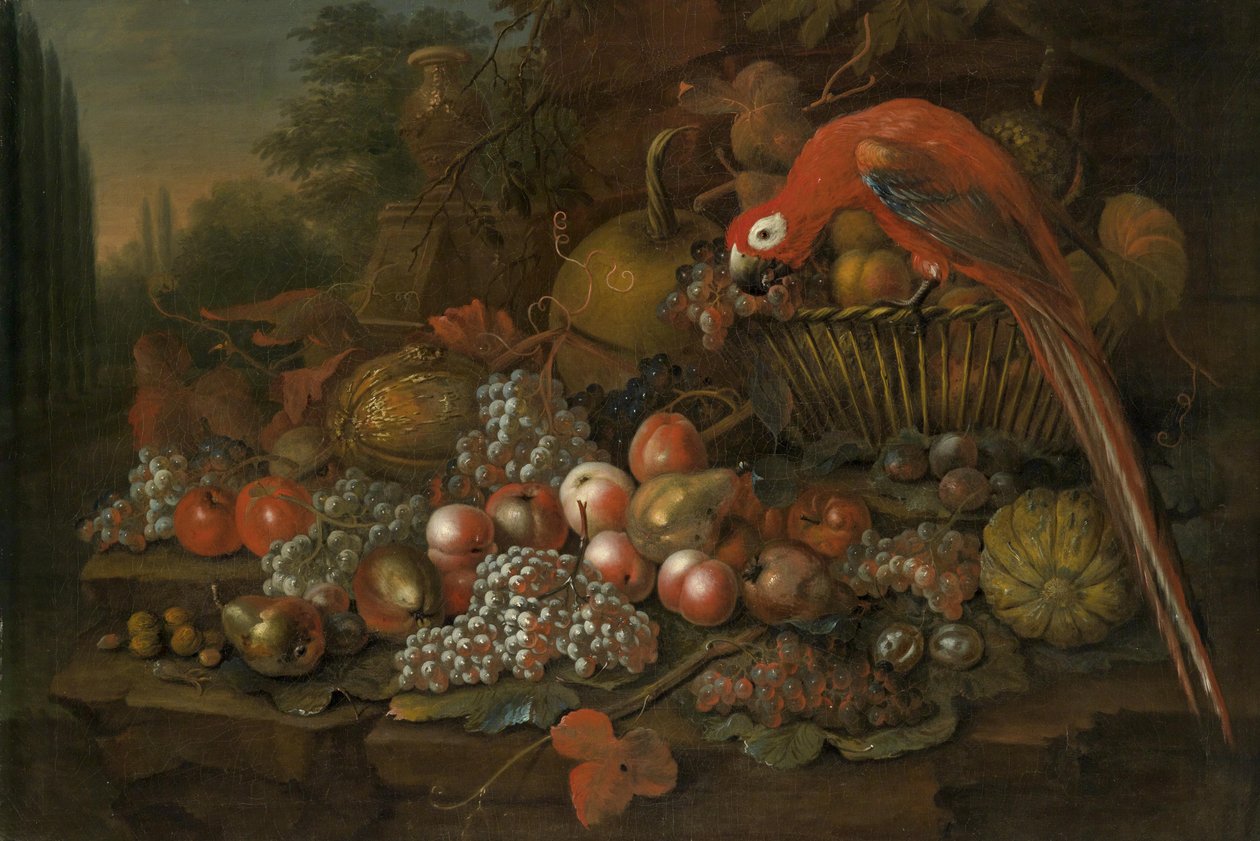 Stilleben med frukt och en papegoja av William Sartorius