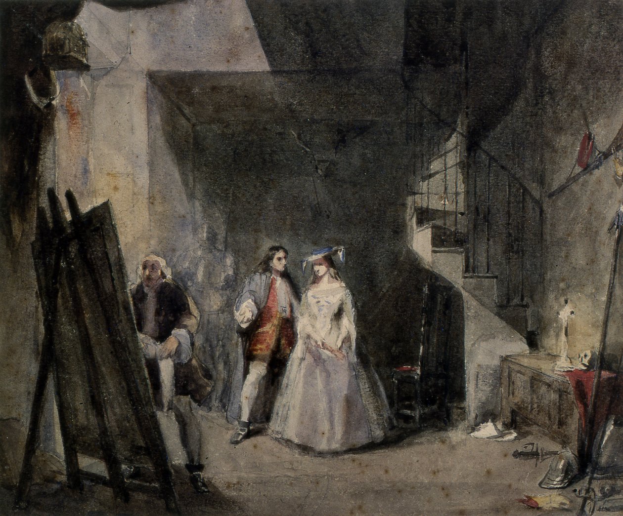 Interiör i en konstnärsateljé med figurer i 1700-talsdräkt av George attr. to Cattermole