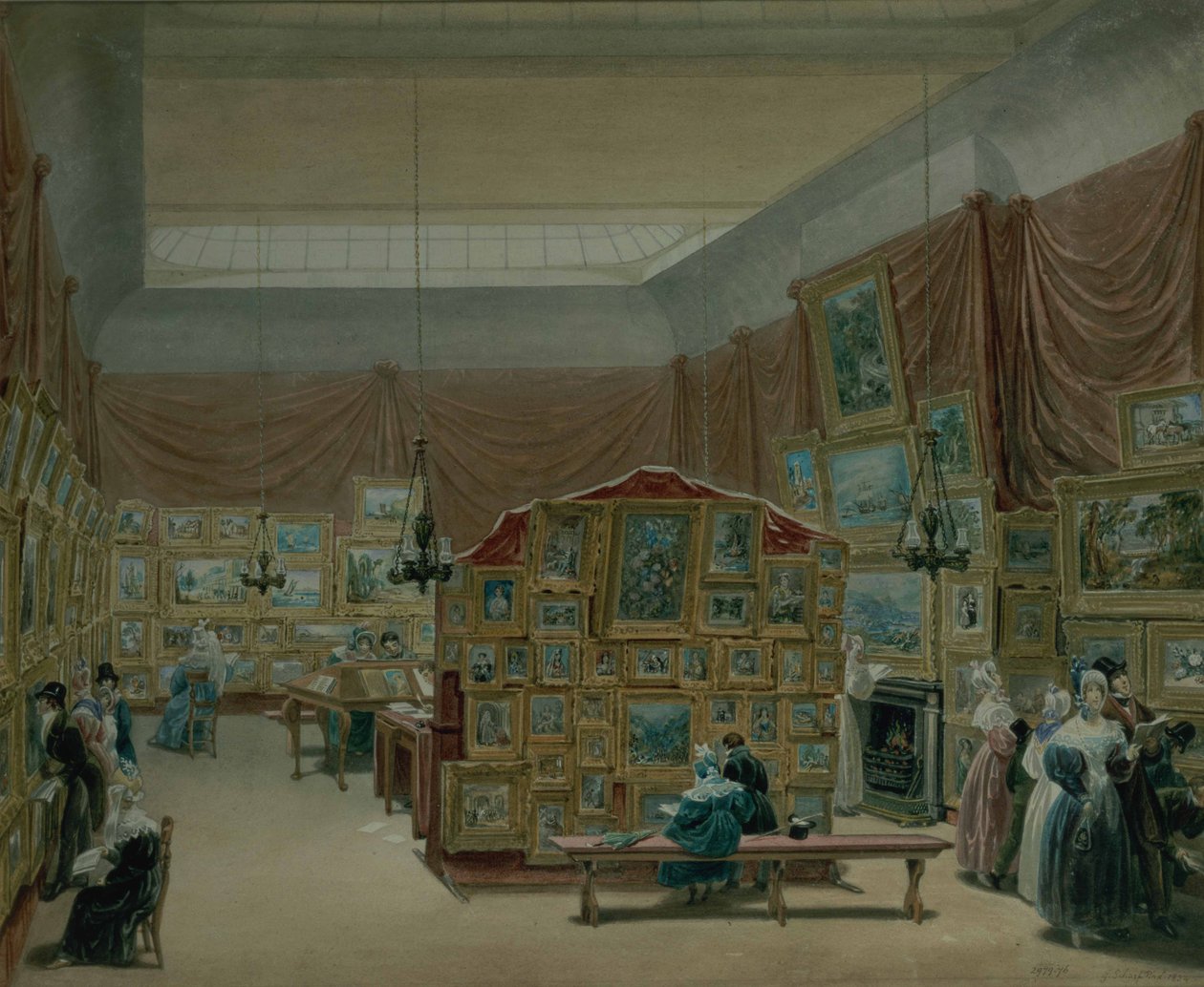 Interiör av Gallery of the New Society of Painters in Watercolour, Old Bond Street, 1834 av George the Elder Scharf