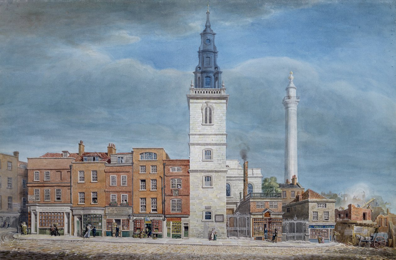 Vy över St Michael Church, Crooked Lane, London, ritad av Christopher Wren, under rivningarna för New London Bridge, ca 1830. av George the Elder Scharf