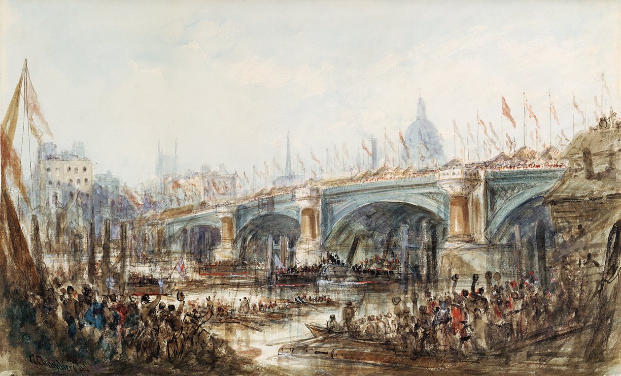 Vy över öppnandet av den nya Blackfriars Bridge av drottning Victoria (1819-1901) den 6 november 1869. av George the Younger Chambers