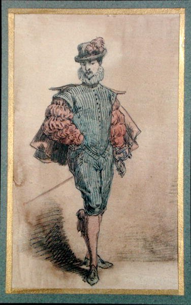 Manlig karaktär i historisk kostym (penna, bläck och akvarell på papper) av George Sand