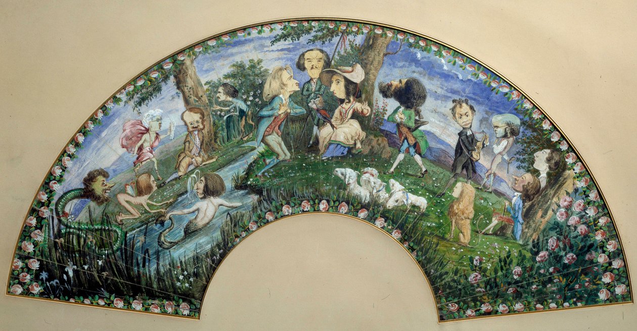 Fan av karikatyrer målade i gouache av George Sand (Aurore Dupin, Baronne Dudevant) (1804-1876) och Auguste Charpentier (1815-1880): bokstäverna George Sand, omgiven av Frederic Chopin, Eugene Delacroix och Franz Liszt. 1800-talets Paris, mu av George Sand