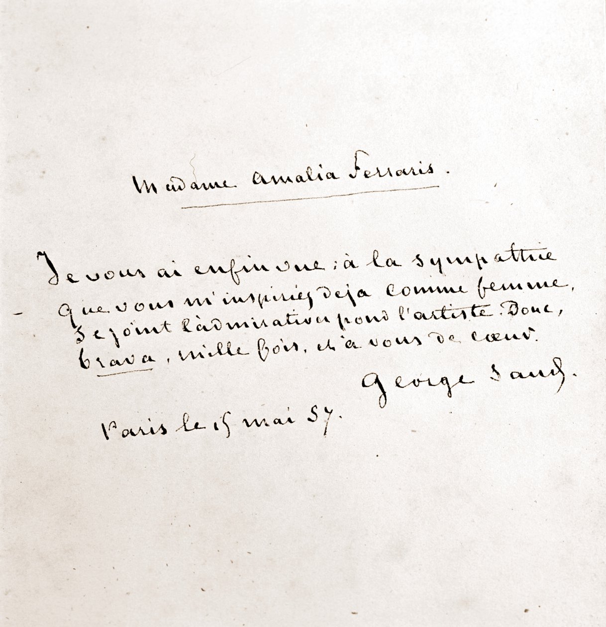 Brev från George Sand (Aurore Dupin, Baronne Dudevant) (1804-1876) till Madame Amalia Ferraris, Paris 19 mars av George Sand