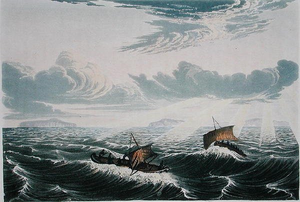 Kanot på väg till, i en stormvind vid soluppgången, den 23 augusti 1821, från 
