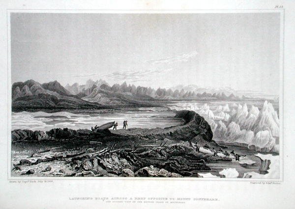 Sjösättning av båtar över ett rev mittemot Mount Conybeare, från "Narrative of a Journey to the Shores of the Polar Sea in the Years 1819-22" av Sir John Franklin (1786-1847) graverad av Edward Finden (1791-1857) publicerad 1823 -28 (färggravyr) av George (after) Back