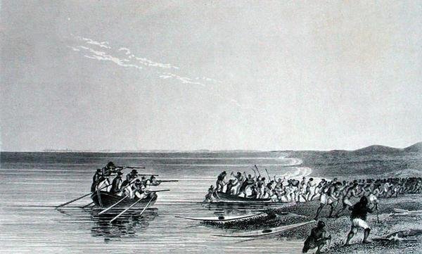 Båtarna kommer flytande, från "Berättelse om en andra expedition till polarhavets stränder under åren 1825-27" av Sir John Franklin (1786-1847) graverad av Edward Finden (1791-1857) publicerad 1828 (gravyr) av George (after) Back