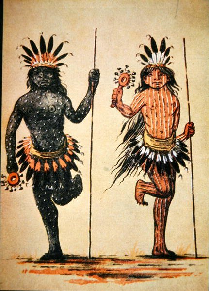 En mandansk stamdans som representerar "Dag" & "Natt", från en målning från ca 1835 (lito i färg) av George (after) Catlin
