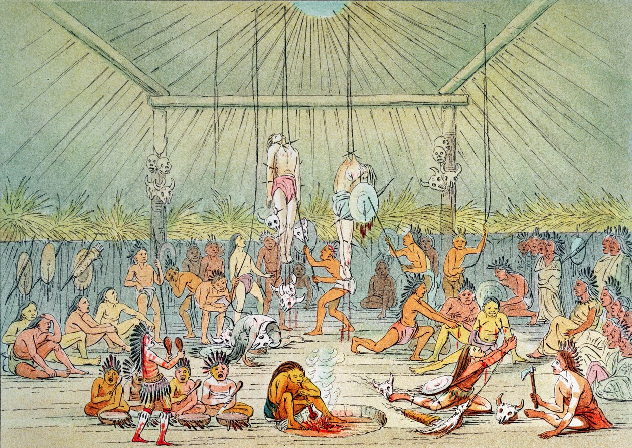 Mandan-ceremoni (färglitografi) av George (after) Catlin