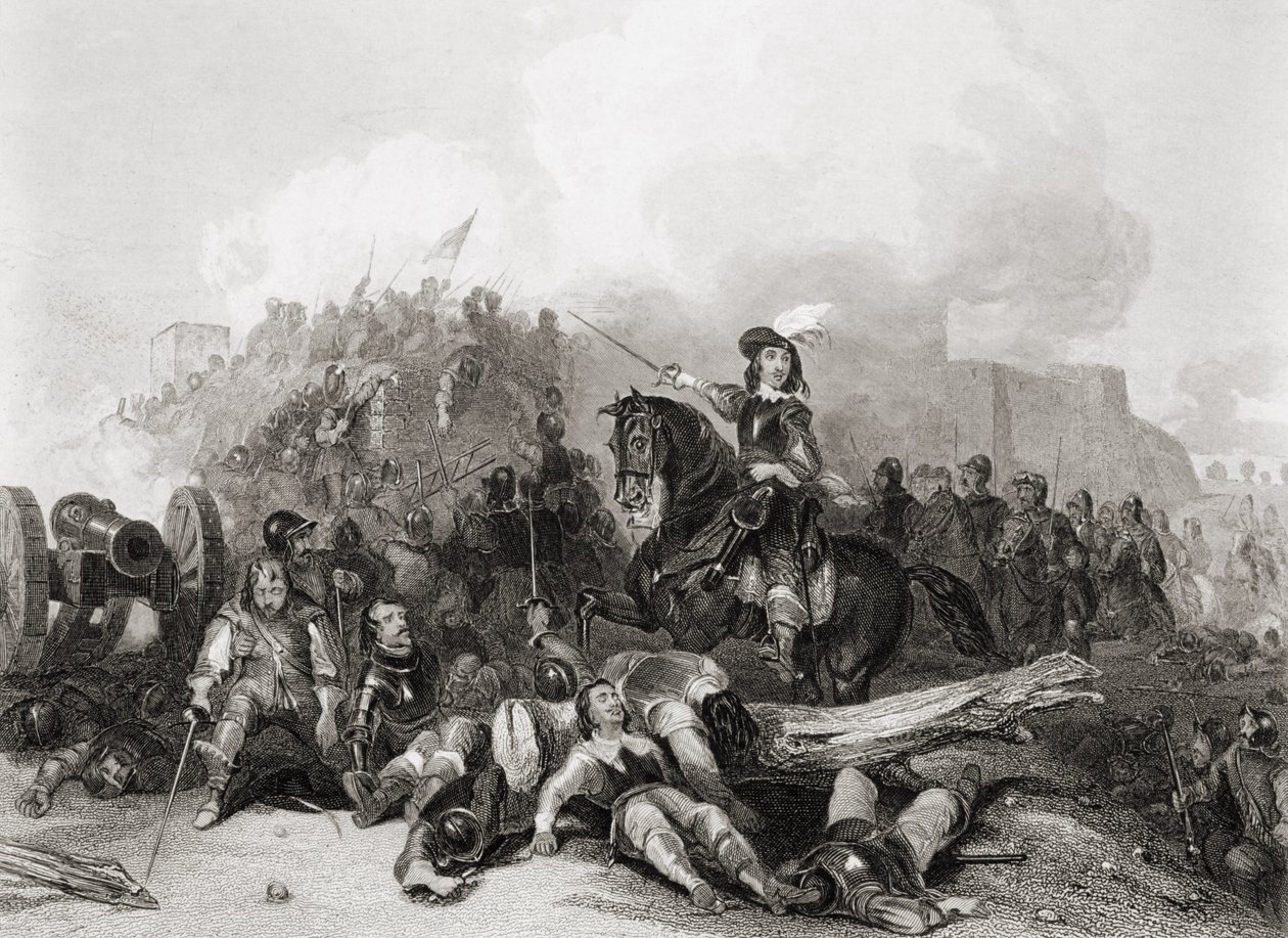 The Storming of Bristol, 26 juli 1643, graverad av J.C. Varrall (gravyr) av George (after) Cattermole