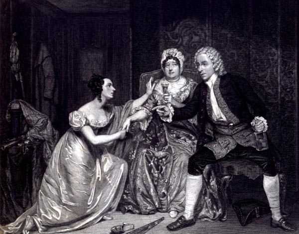Mrs Blanchard, Mrs Davenport och Miss M. Tree som Peachum, Mrs Peachum och Polly i 