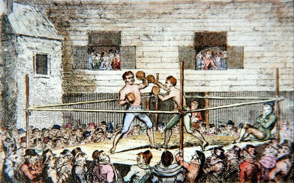 En sparringmatch på fives court, London, från ett tryck publicerat 1812 (lito i färg) av George (after) Cruikshank