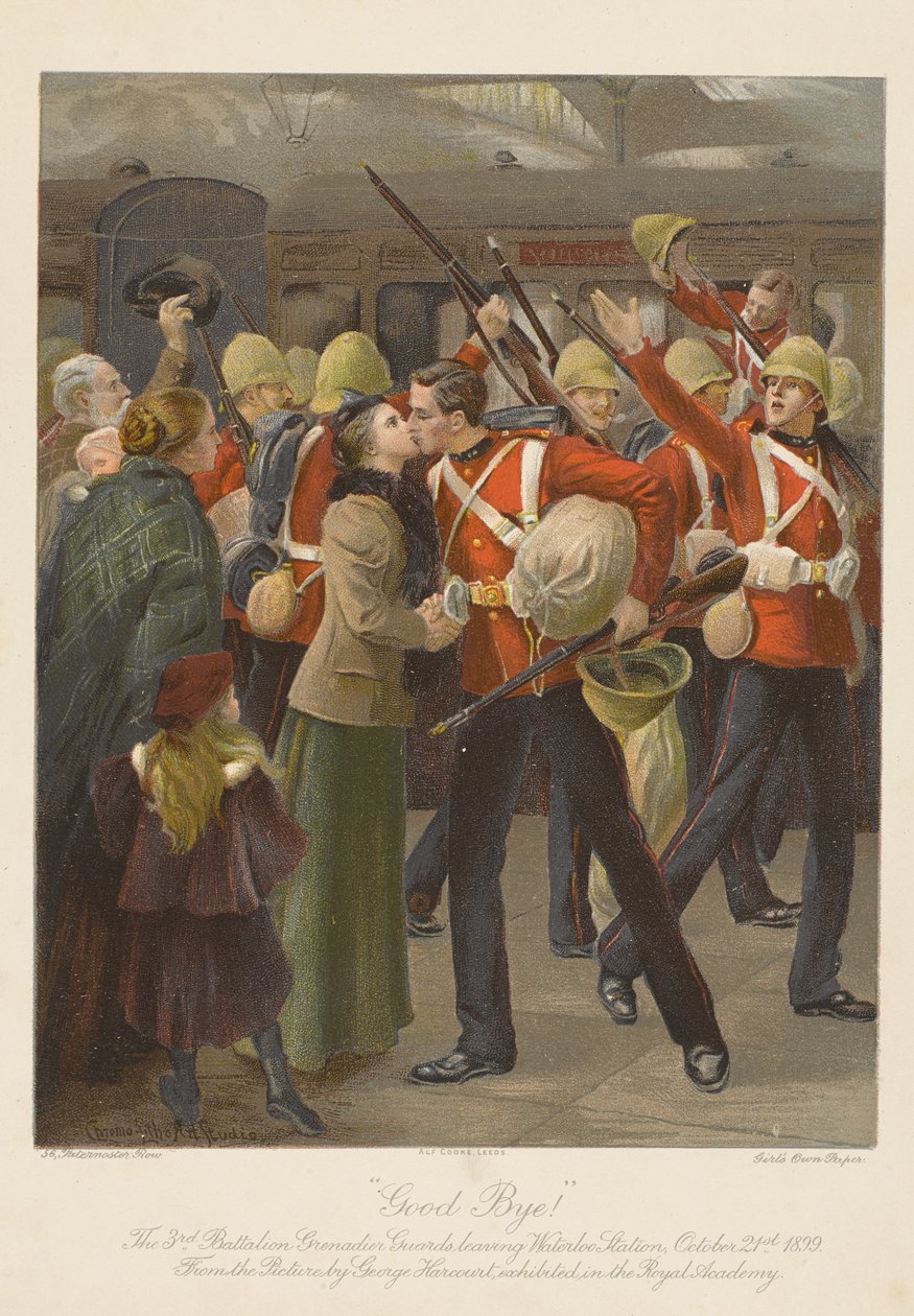 Adjö! 3:e bataljonens grenadjärvakter lämnar Waterloo Station, 21 oktober 1899 (chromolitho) av George (after) Harcourt