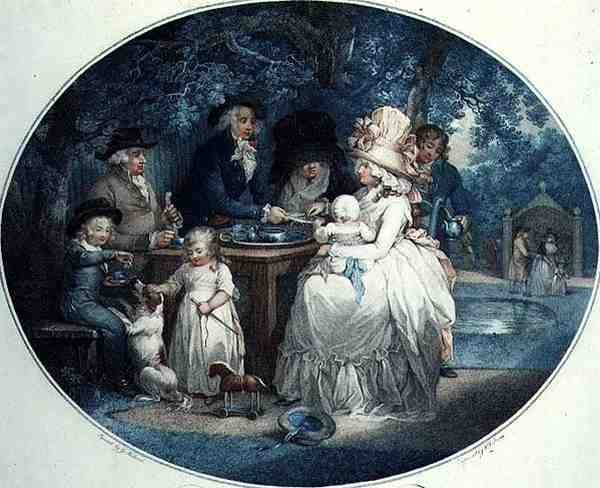 A Tea Garden, graverad av Francois David Soiron (f.1764), pub. av T. Gaugain av George (after) Morland